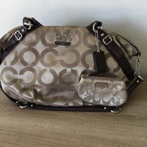 Coach Madison Beige Signature Sateen Satchel Bag & Coin Purse with Key Ring